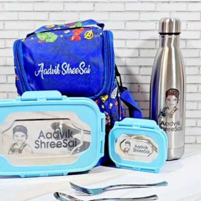 Lunchbox + Spoon n Fork + Lunch box Bag + Cola Engraved Bottle 500ml