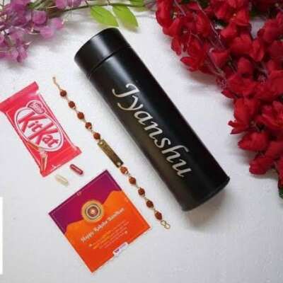 Personalised Rakhi Gift Combo – Name on Rudraksha Rakhi with Custom Smart Sipper Bottle | Raksha Bandhan Gift for Brother