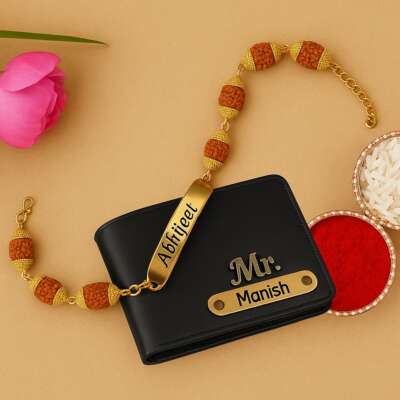 Personalized Men's Wallet with Rudraksha Rakhi – Custom Name Engraved Gift Combo for Brother