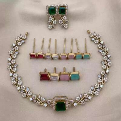 Matte finish cz colour changeable necklace set