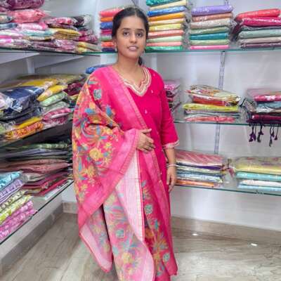 Roman silk 3 piece hand work Kurthi set