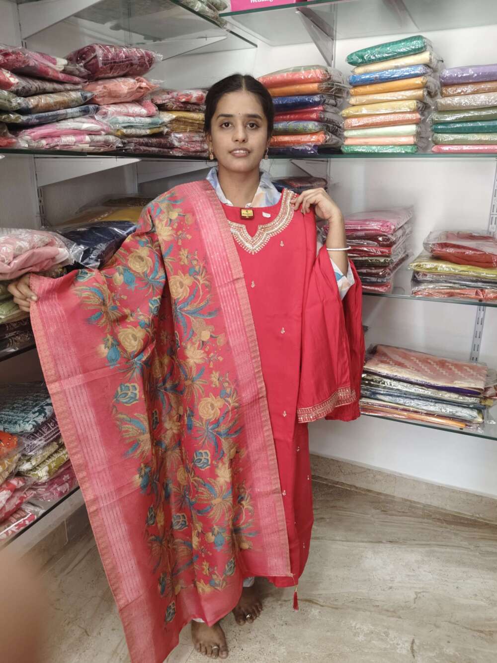 Roman silk 3 piece hand work Kurthi set