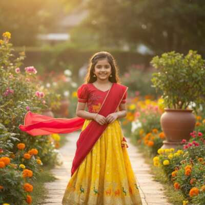 Maggam work half saree for kids