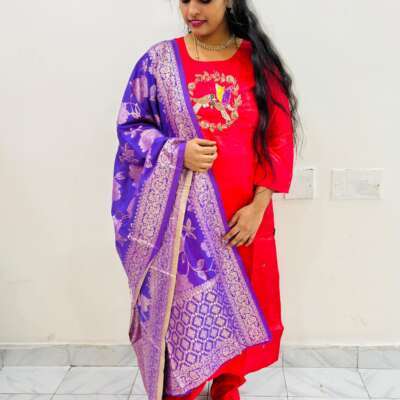 Red hand work 3 piece dress set