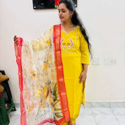 Yellow colour 3 piece Kurthi set