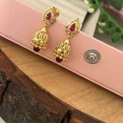 Traditional South Indian Screw-Back Earrings with Black & Red Stone Work