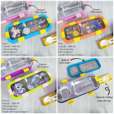 2 grid steel lunch box with cutlery box