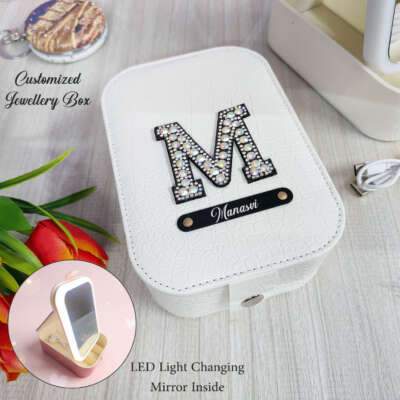 Led light changing mirror jewellery box with name