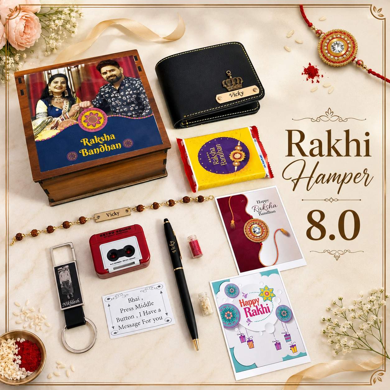 Personalized wooden box Tape recorder Rakshabhandan combo :