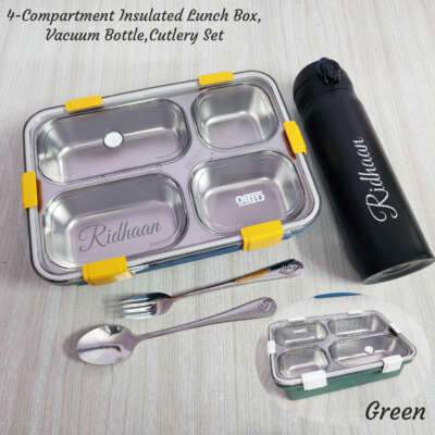 4 Partition Insulated Lunch Box , Insulated Sipper , Cutlery set
